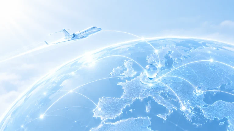Illustration of a business jet flying over a digital globe highlighting European network pins and flight routes.