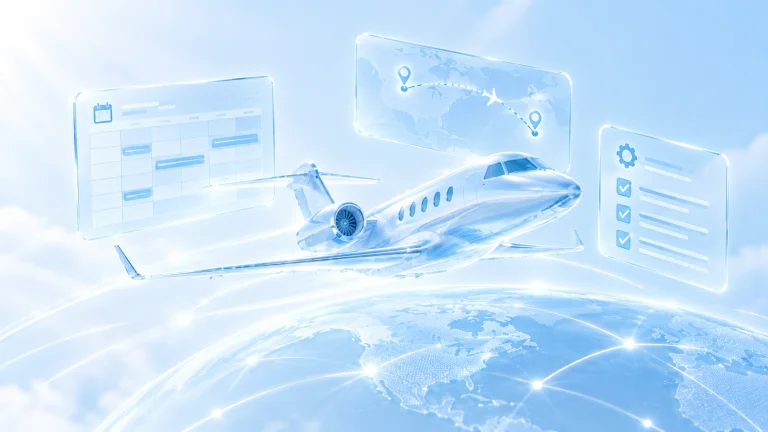 Illustration of a business jet flying over a digital globe with floating UI panels for flight scheduling, route mapping, and operational checklists.