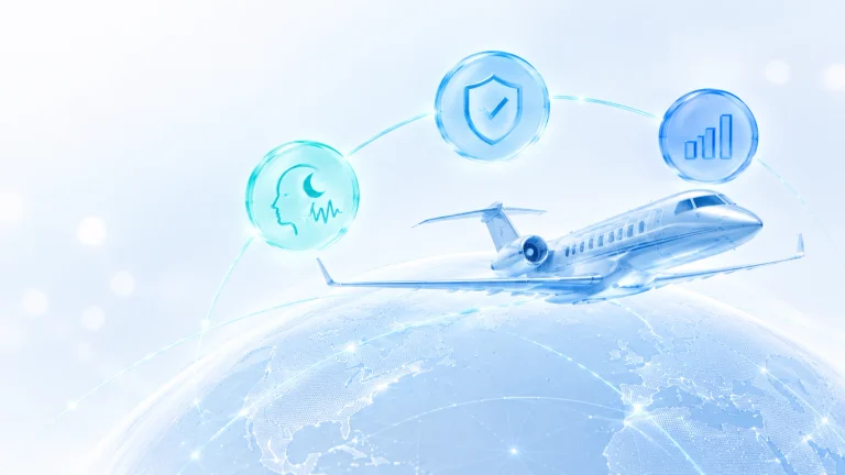 Illustration of a business jet flying over a digital globe with icons representing crew fatigue monitoring, safety verification, and risk analytics.