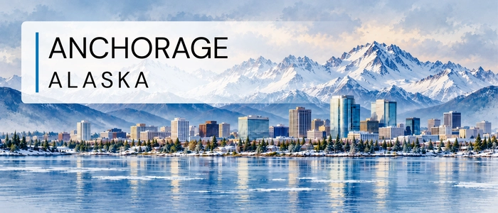 Anchorage, Alaska city skyline with snow-capped mountains.