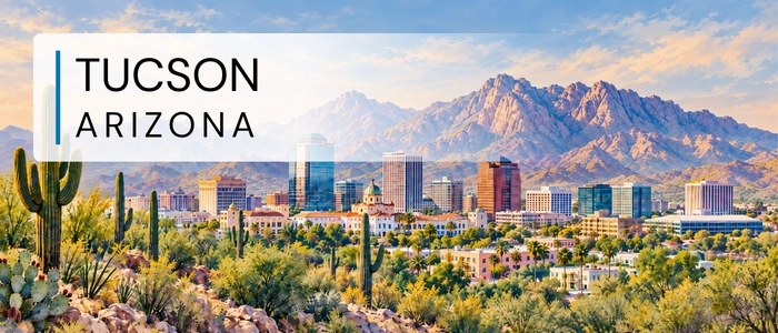 Tucson, Arizona city skyline with mountains and desert cacti.