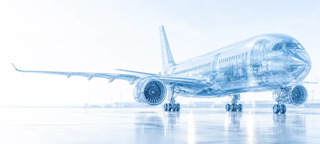 Wireframe illustration of a commercial passenger airliner on a ramp showing internal airframe structure.