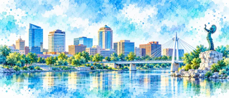 Watercolor of Wichita skyline featuring Keeper of the Plains statue and bridge.