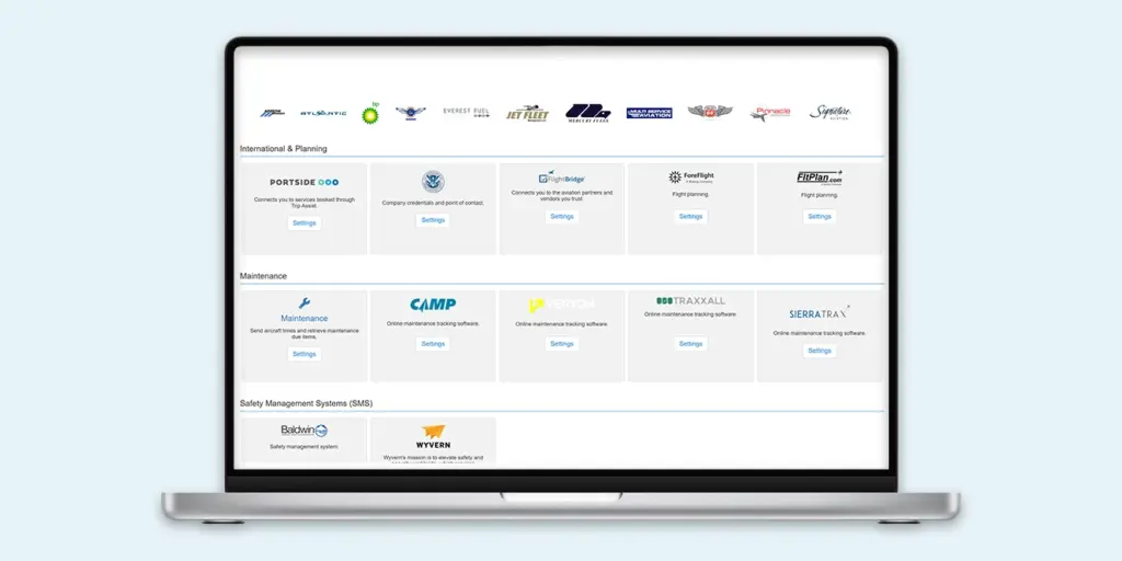 BART software interface on a laptop displaying third-party aviation integrations and partner system settings.