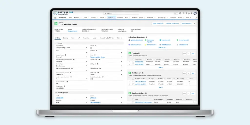LeaseWorks software interface on a laptop displaying contract payables, rent schedules, and invoice management.