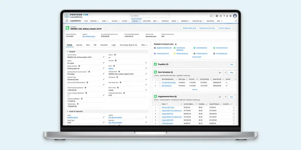 LeaseWorks software interface on a laptop displaying operating lease contract terms, security deposits, and supplemental rent schedules.