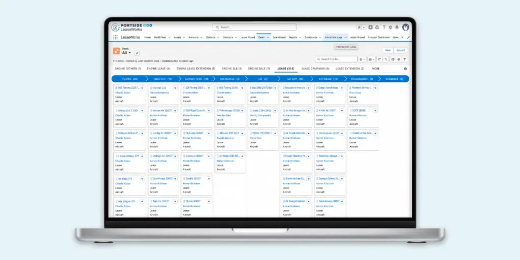 LeaseWorks software interface on a laptop displaying aircraft lease transaction pipelines and deal stage tracking.