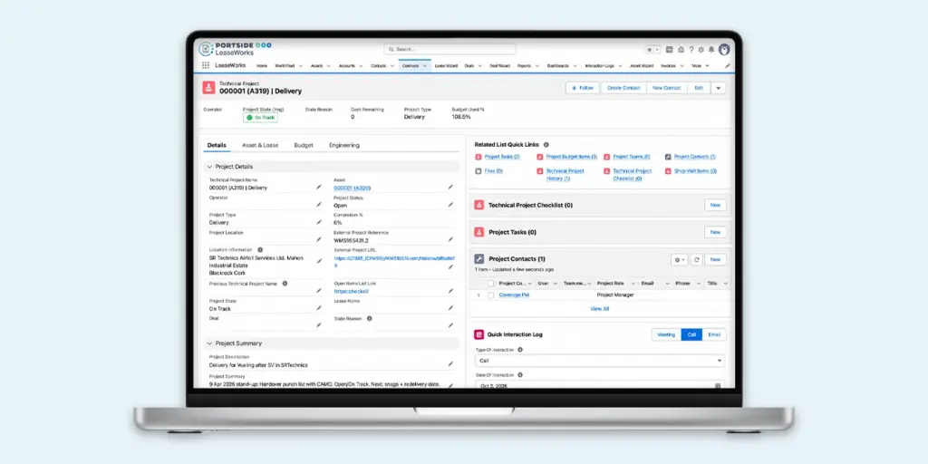 LeaseWorks software interface on a laptop displaying technical project management and aircraft delivery transition tracking.