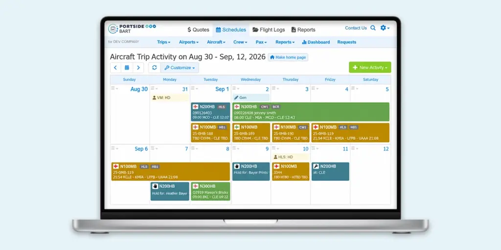 BART software interface on a laptop displaying aircraft trip activity and fleet schedule calendar.