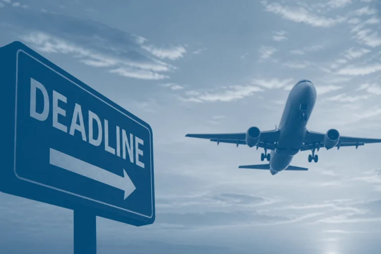 A blue-tinted image featuring a sign that reads "DEADLINE" with an arrow pointing to the right, while a commercial airplane flies in the cloudy sky in the background.